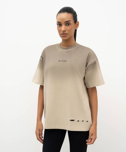 Ripped IKASU T-shirt - Tie Dye Beige/Taupe