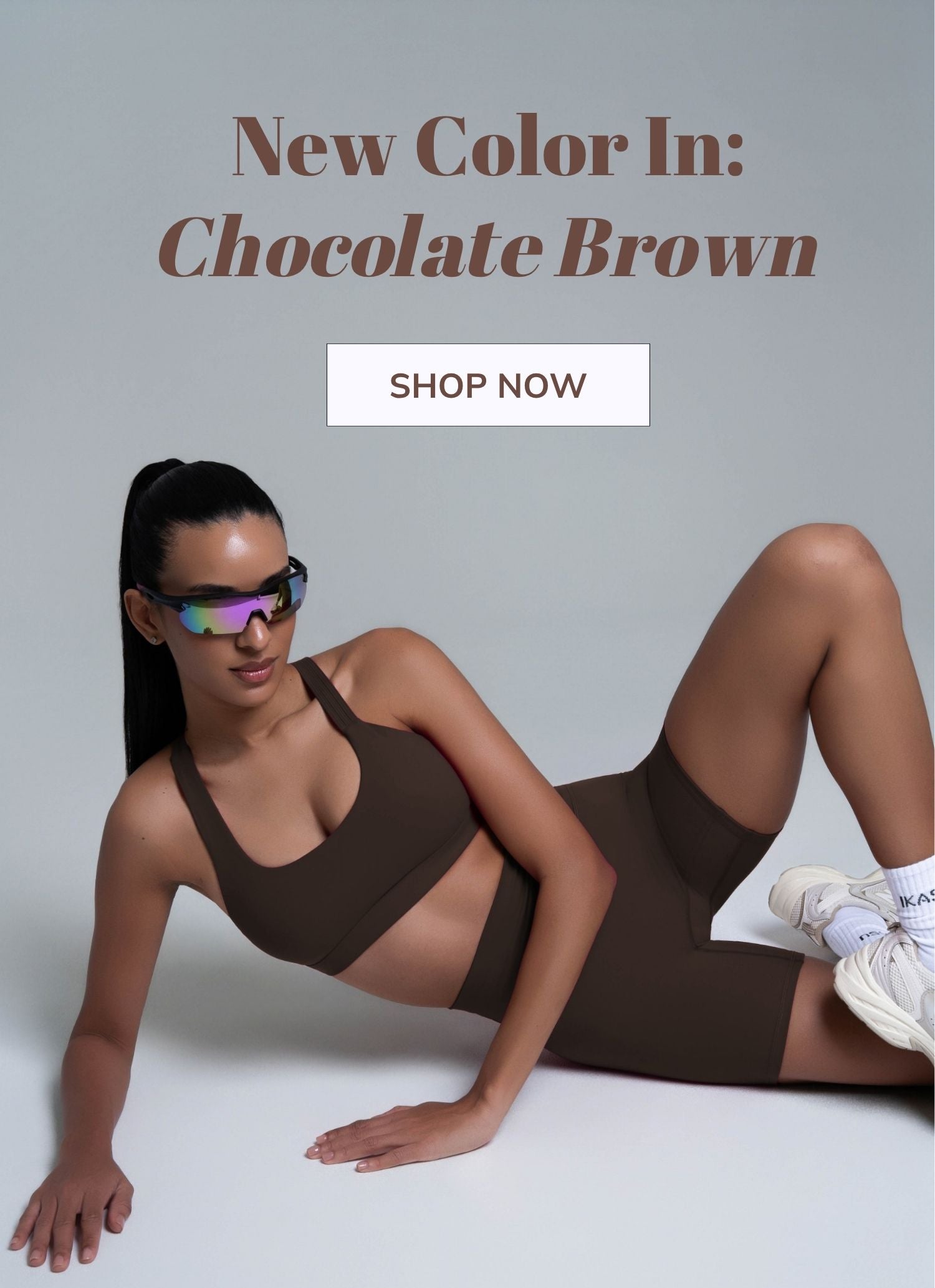 Ikasu Chocolate Brown sports bra and shorts banner