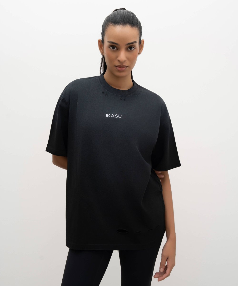 Ripped IKASU T-shirt - Tie Dye Black/Grey
