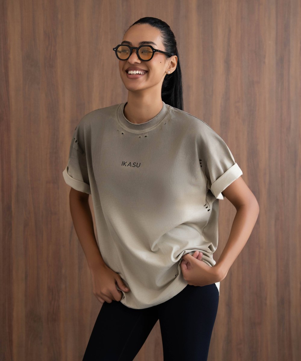 Ripped IKASU T-shirt - Tie Dye Beige/Taupe