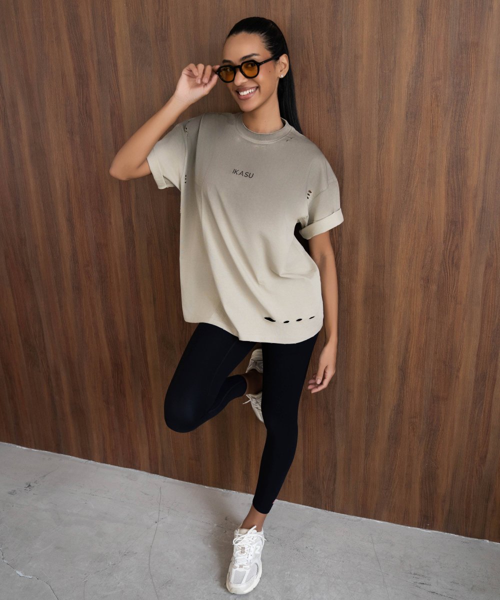 Ripped IKASU T-shirt - Tie Dye Beige/Taupe